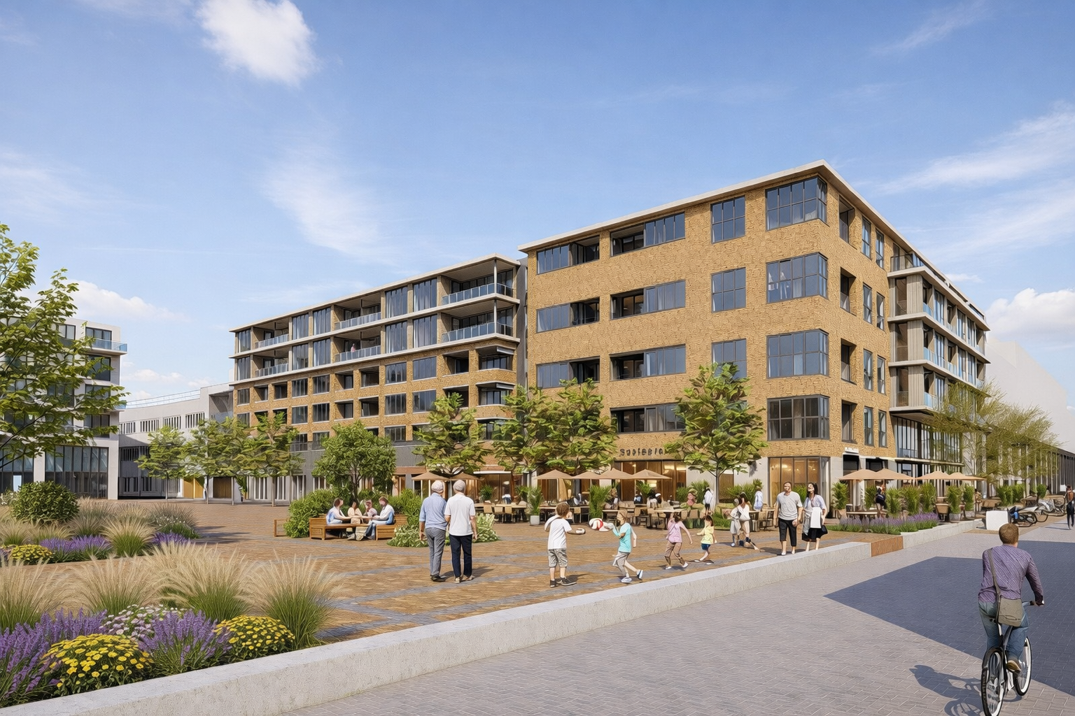 Moderne stad met caf&eacute; en plaza